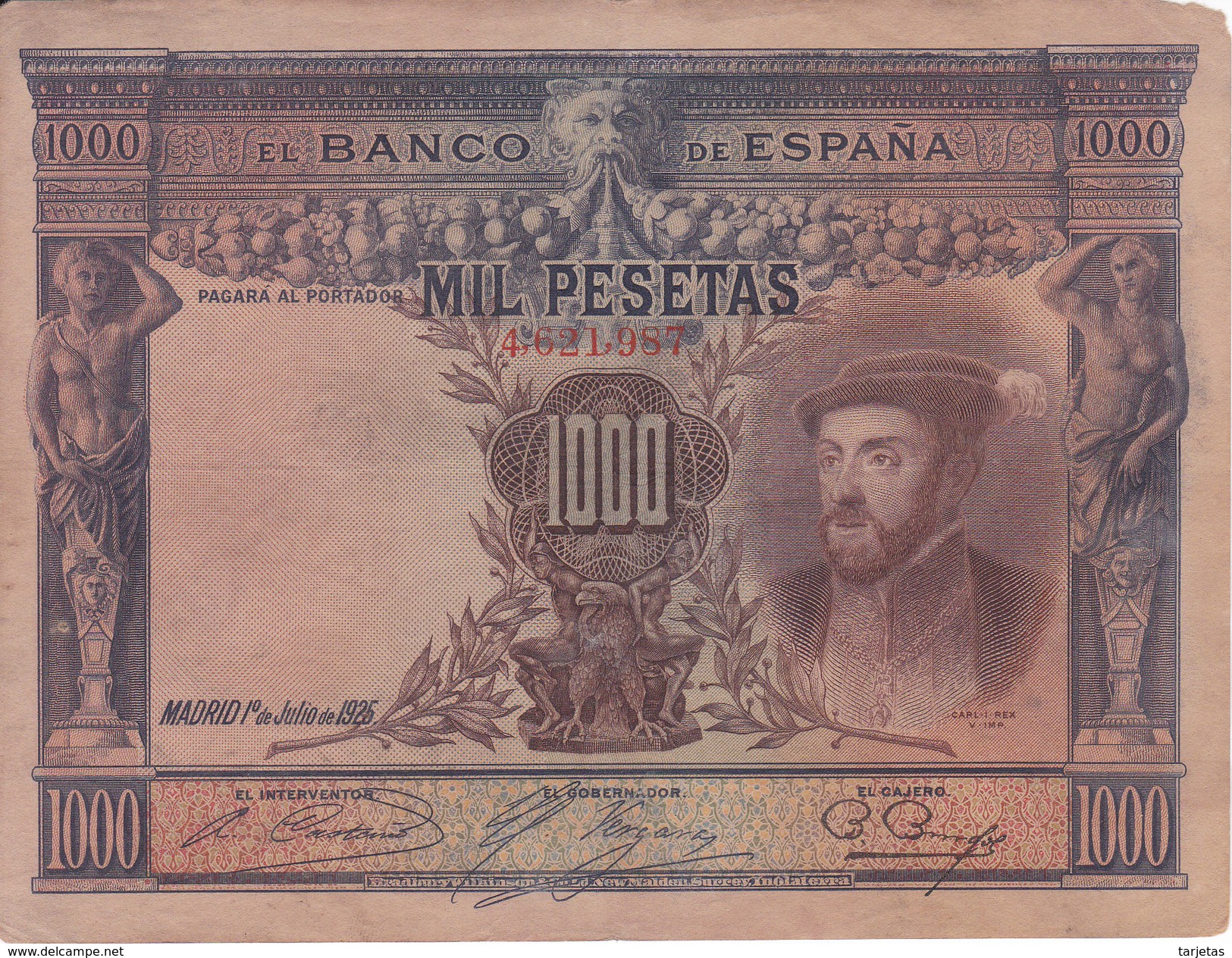 BILLETE DE ESPAÑA DE 1000 PTAS DEL AÑO 1925 DE CARLOS I EN CALIDAD RC - DESCUIDADO (BANKNOTE) - 1000 Pesetas