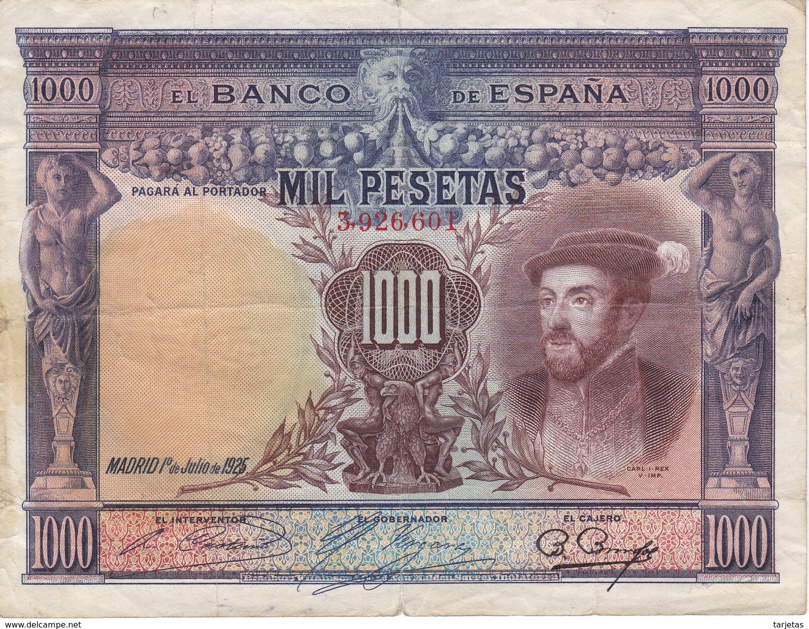 BILLETE DE ESPAÑA DE 1000 PTAS DEL AÑO 1925 DE CARLOS I EN CALIDAD RC - DESCUIDADO (BANKNOTE) - 1000 Pesetas