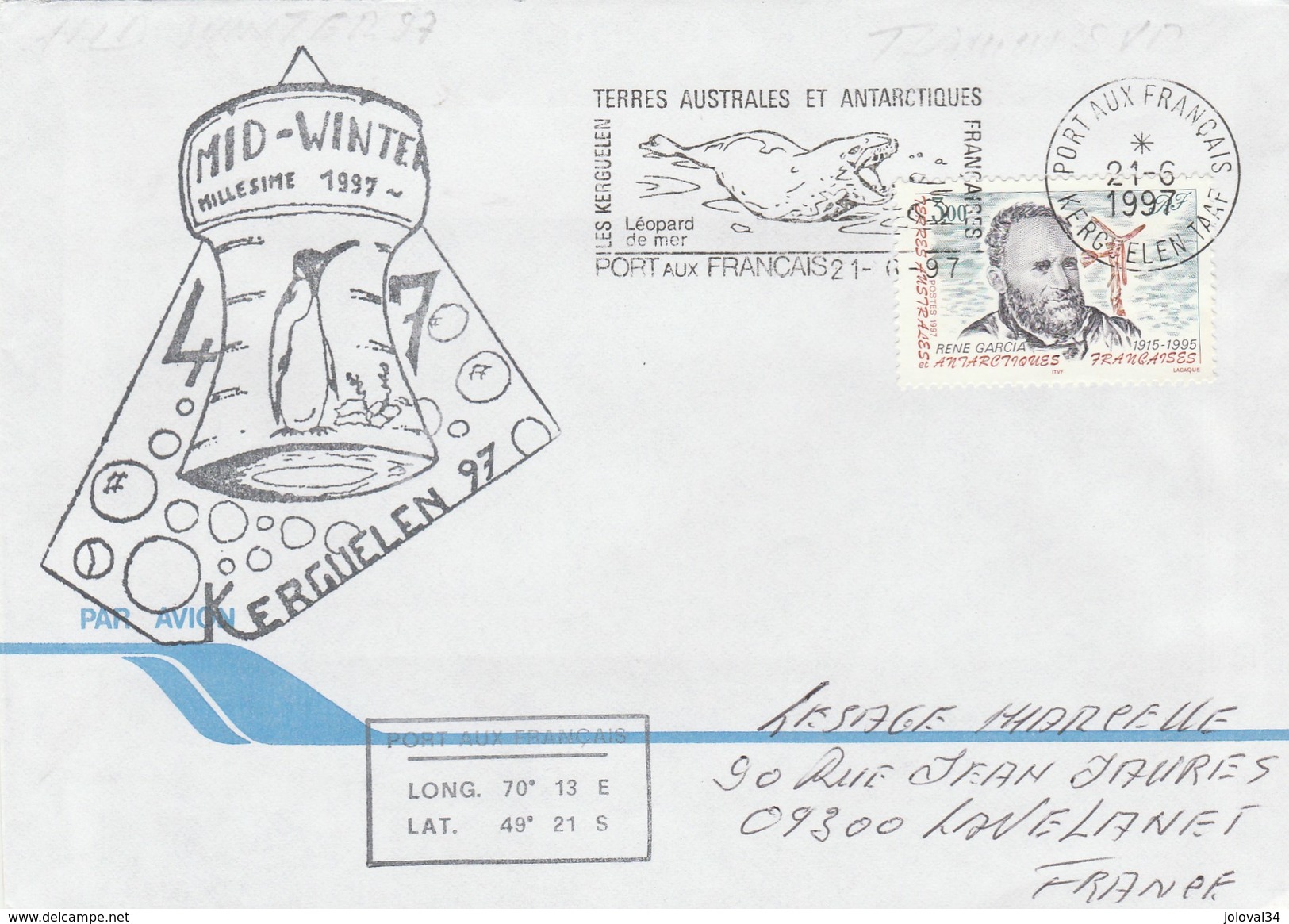 TAAF Yvert 216 René Garcia Lettre Cachet MID WINTER Cachet Flamme Léopard De Mer Kerguelen 21/6/1997 - Covers & Documents