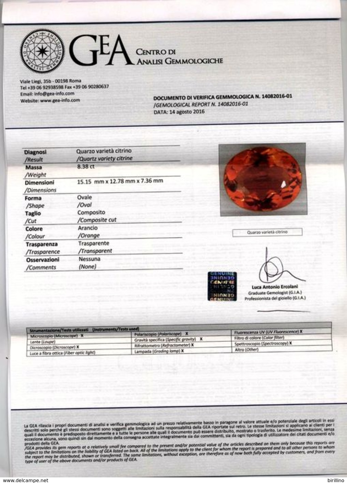 1080 - Splendido Cictrino Color Arancio Da 8.38 Ct. - Certificato GEA - Roma - Autres & Non Classés