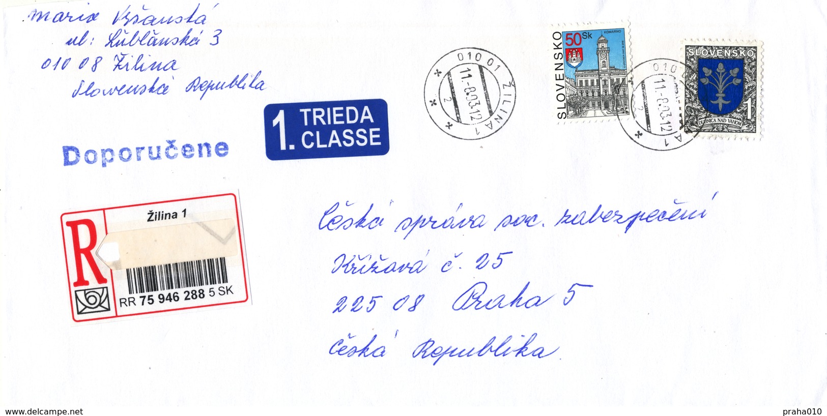 L2699 - Slovakia (2003) 010 01 Zilina 1 (R-letter To Czech Rep.); Tariff 51,00 SKK (stamp: Slovak City) - Lettres & Documents