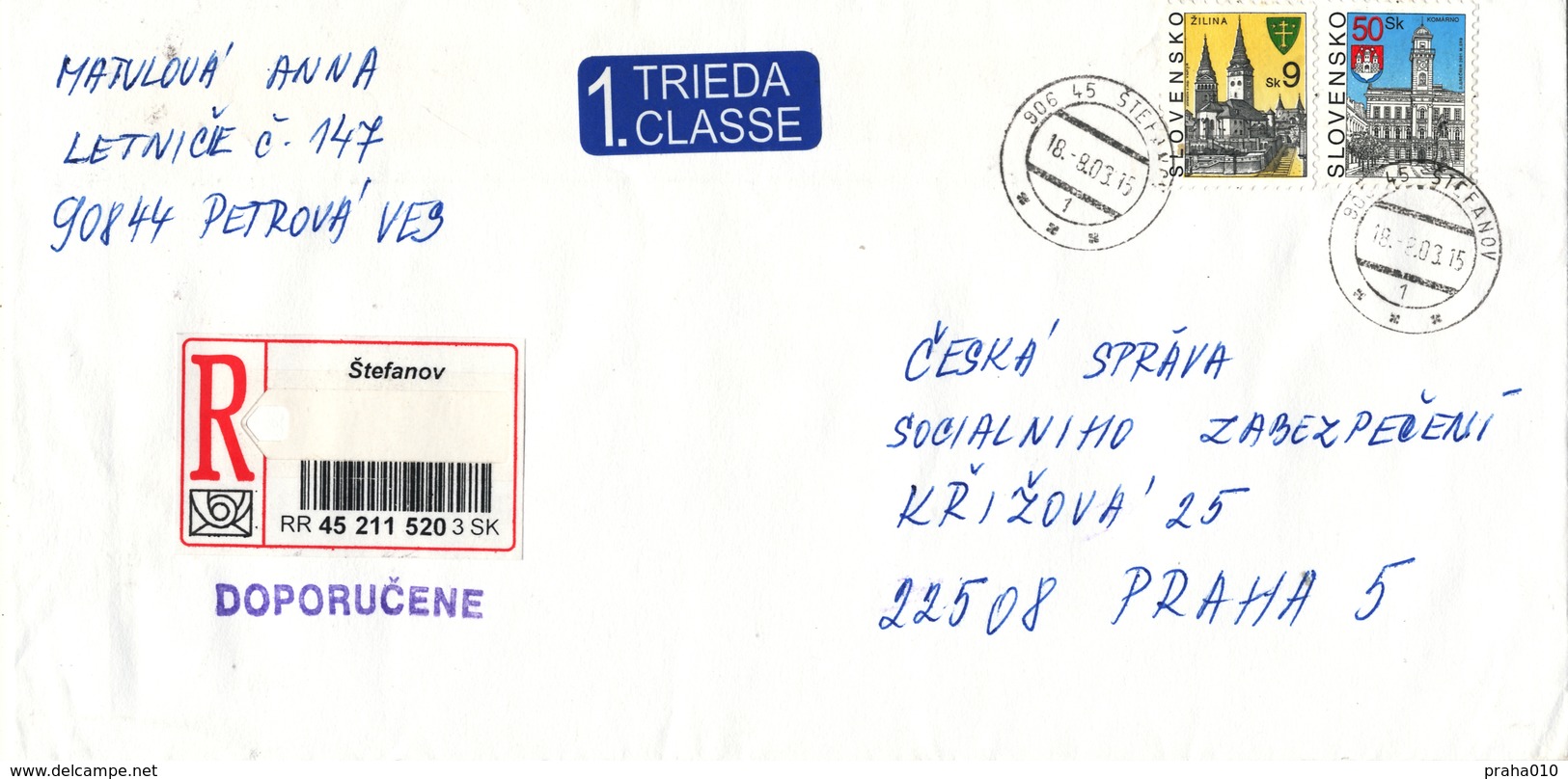 L2700 - Slovakia (2003) 906 45 Stefanov (R-letter To Czech Rep.); Tariff 59,00 SKK (stamp: Slovak City) - Brieven En Documenten