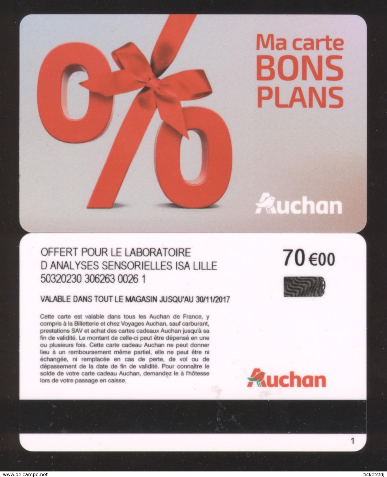 GIFT CARD - Carte Cadeau Auchan - BONS PLANS - 70 &euro; - LABORATOIRE D ANALYSE SENSORIELLES ISA LILLE - Cartes Cadeaux