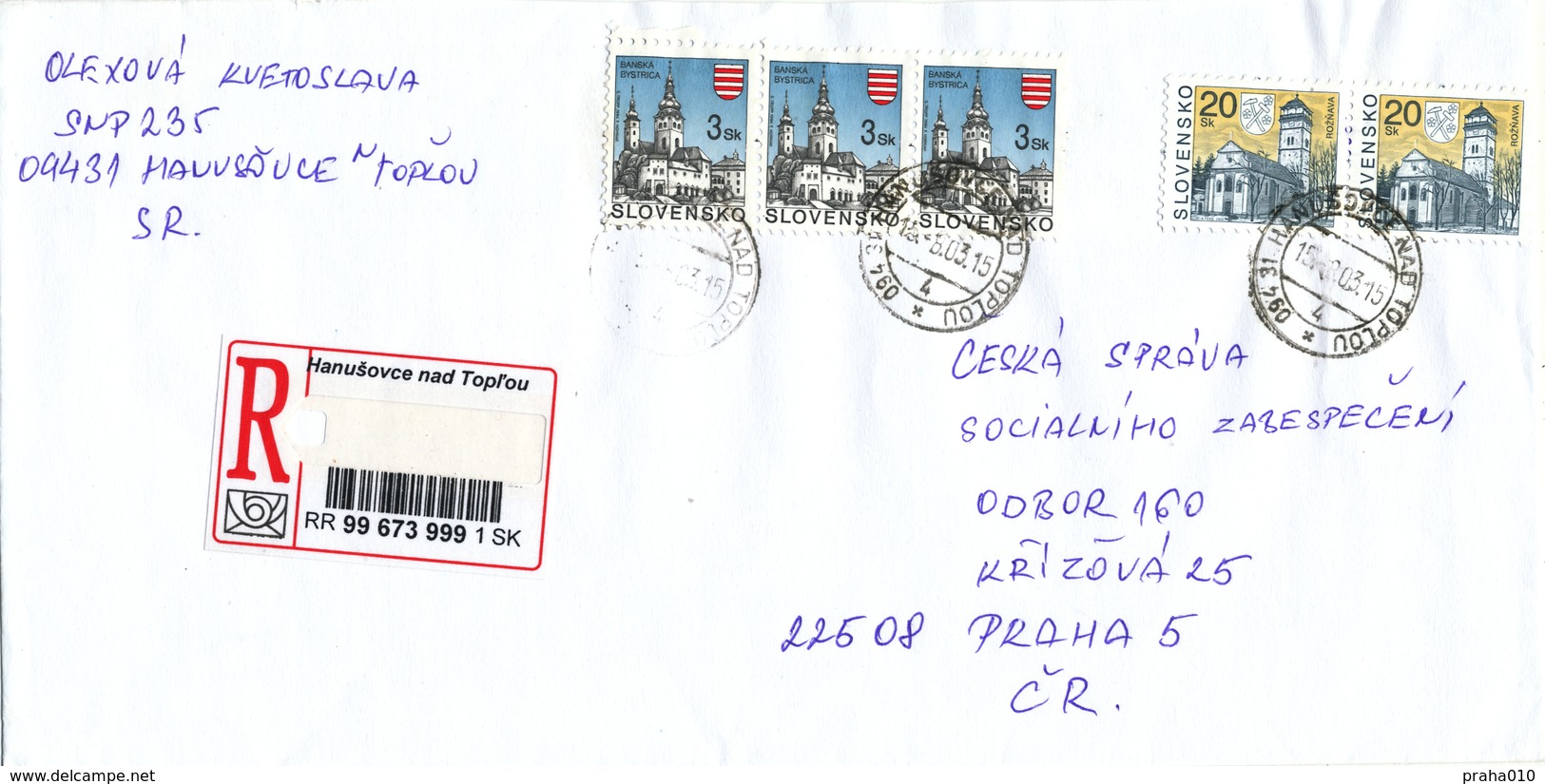 L2703 - Slovakia (2003) 094 31 Hanusovce Nad Toplou (R-letter To Czech Rep.); Tariff: 49,00 SKK (stamp: Slovak City) - Brieven En Documenten