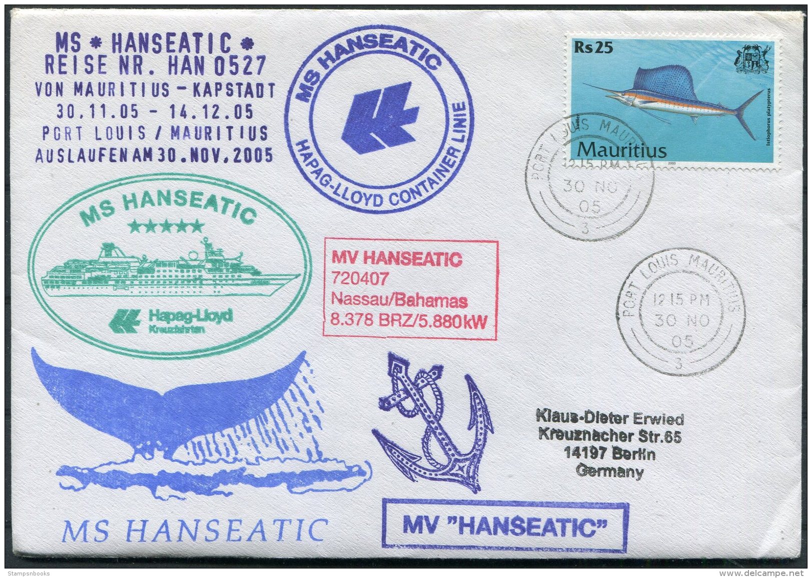 2005/6 MS HANSEATIC Hapag Lloyd Ship Cover. Port Louis, Mauritius. Signed By Doctor - Mauritania (1960-...)