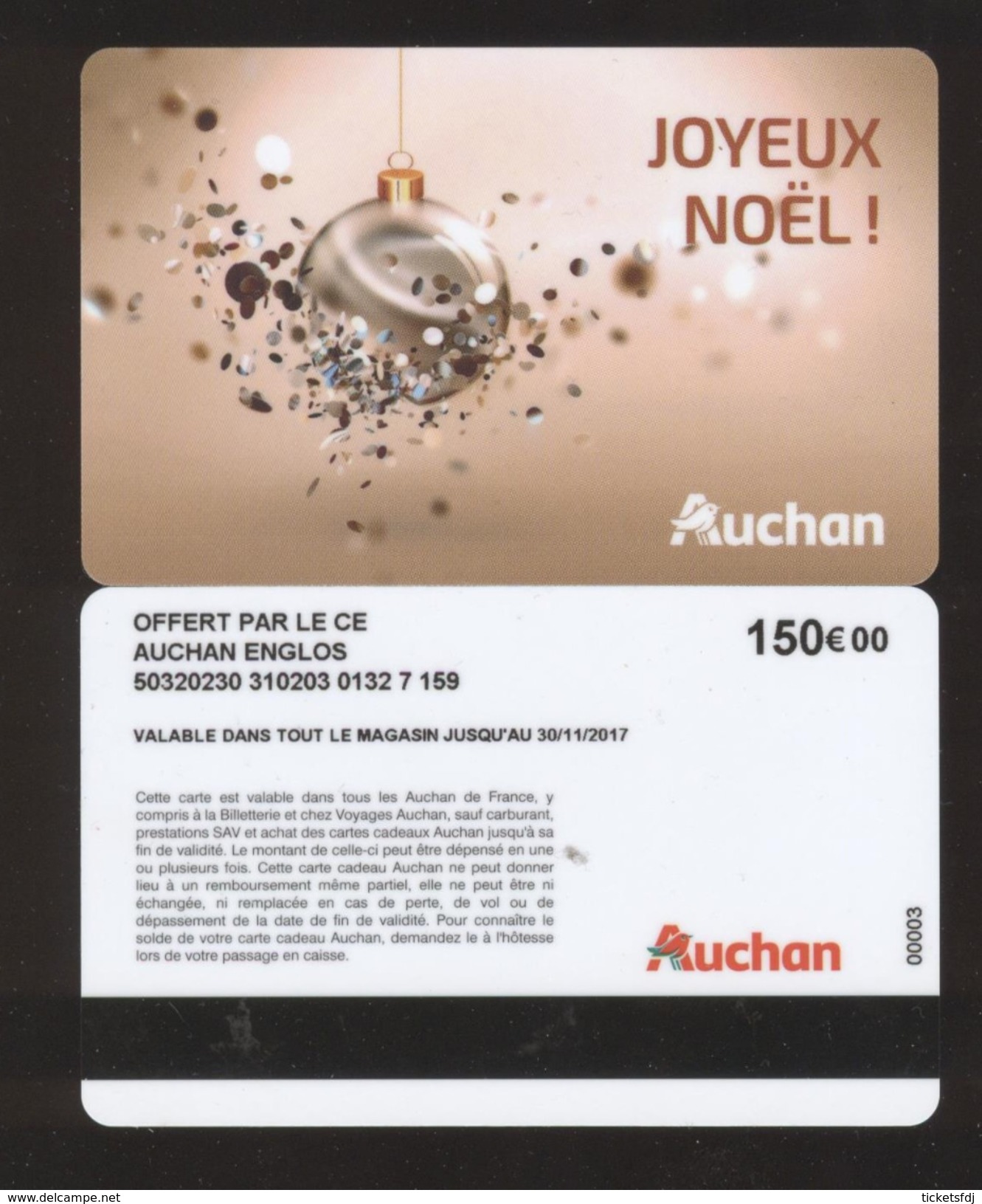 GIFT CARD - Carte Cadeau Auchan - JOYEUX NOEL - 150 &euro; - CE AUCHAN ENGLOS - Cartes Cadeaux