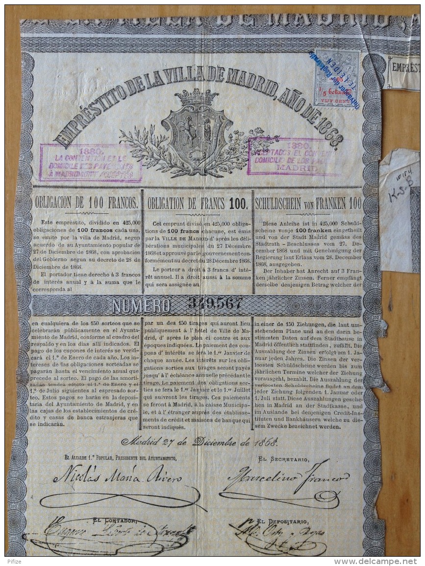 Obligation De 100 F. Emprunt De La Ville De Madrid 1868. - M - O