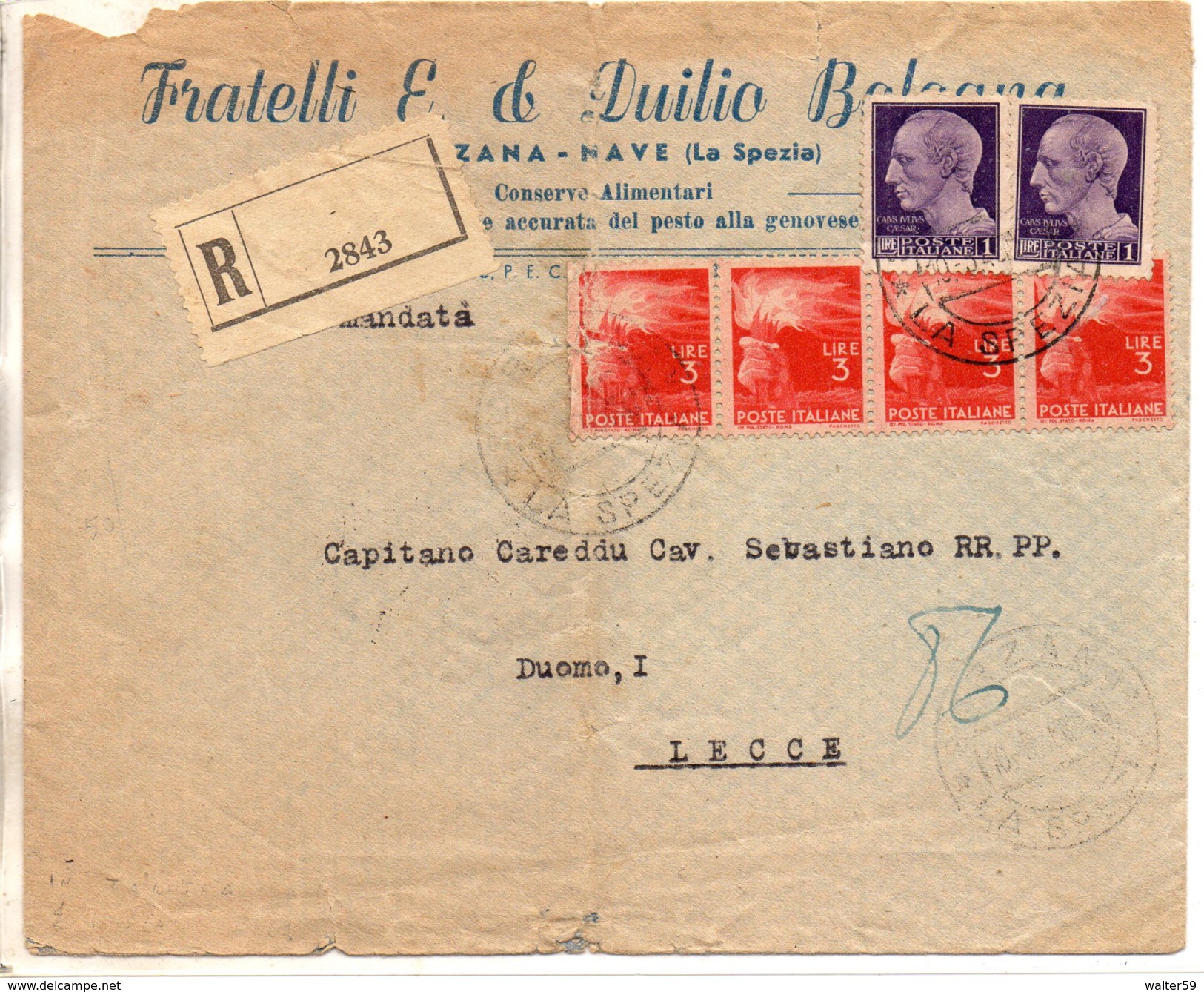 1946 Italy Italien Italia Raccomandata 10.5.1946 Vg SARZANA X Lecce R-Brief Registered Letter 2scans Cenno Piega Centro - Storia Postale
