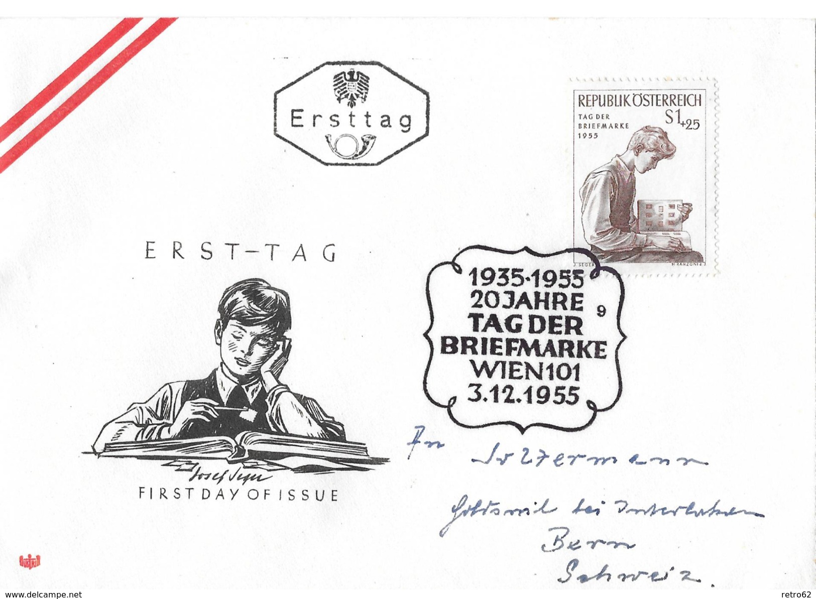 WIEN 101 &rarr;  20 Jahre TAG DER BRIEFMARKE Ersttag 3.12.1955 Nach Bern/Schweiz - FDC
