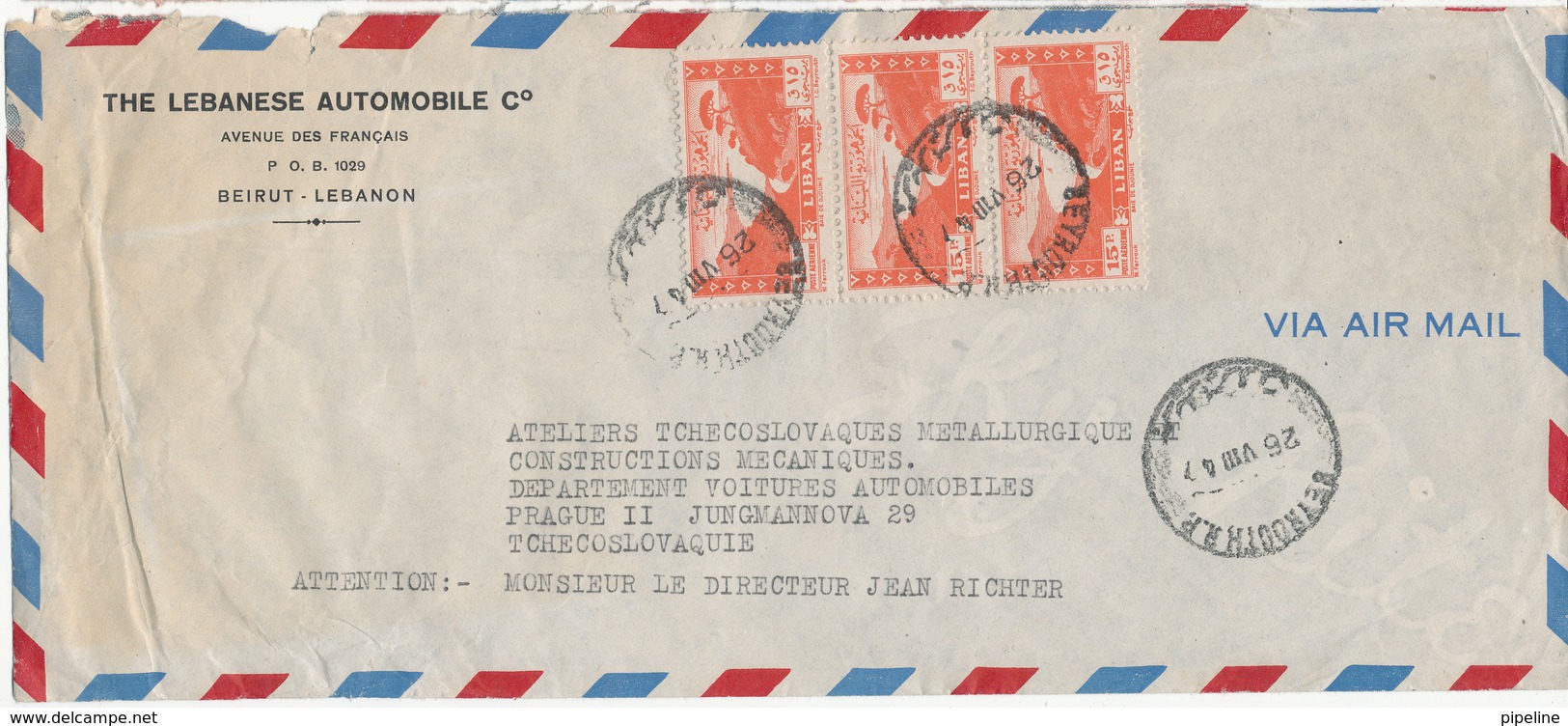 Lebanon Air Mail Cover Sent To Czechoslovakia 26-8-1947 - Lebanon