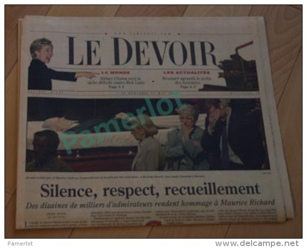 Le Devoir  - 1 Ere Pages Maurice Richard Dans Sa Tombe - Poru Le 31 Mai 2000, Hockey - Other & Unclassified