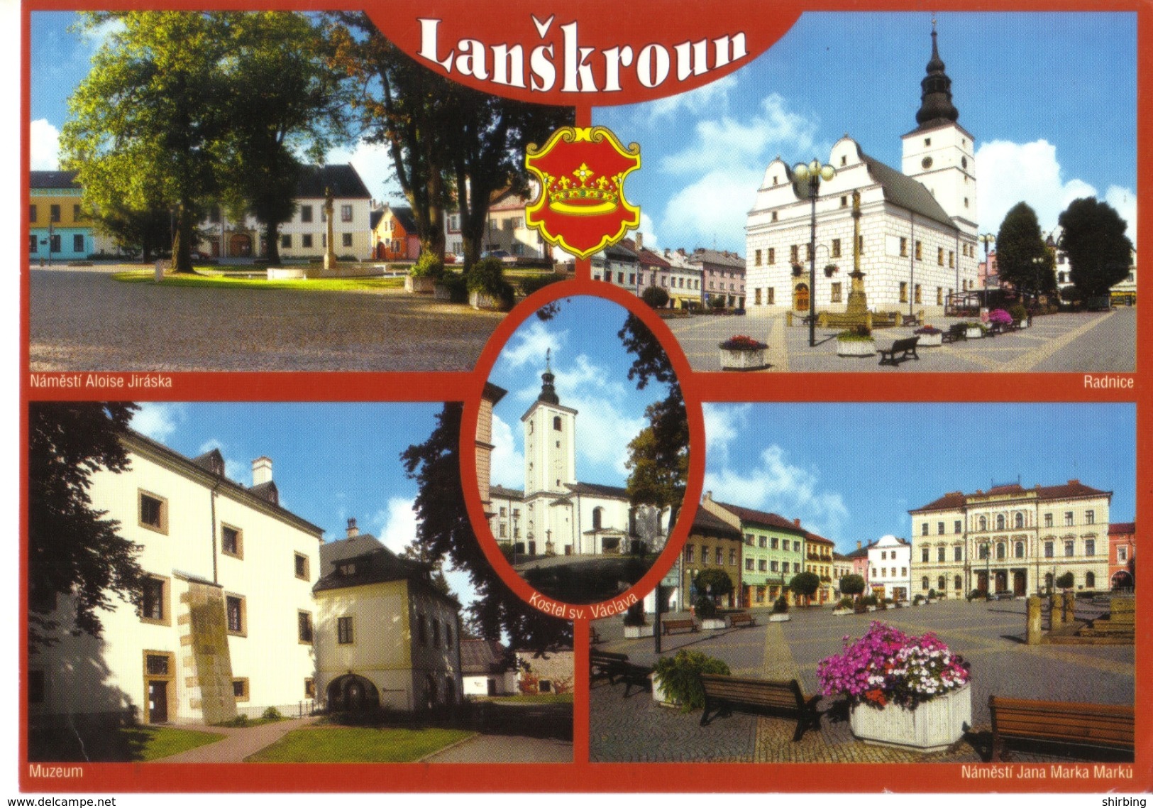 20C : Czech Republic Cartoon Clown, Building Stamps Used On Lanskronn Town View Postcard - Lettres & Documents