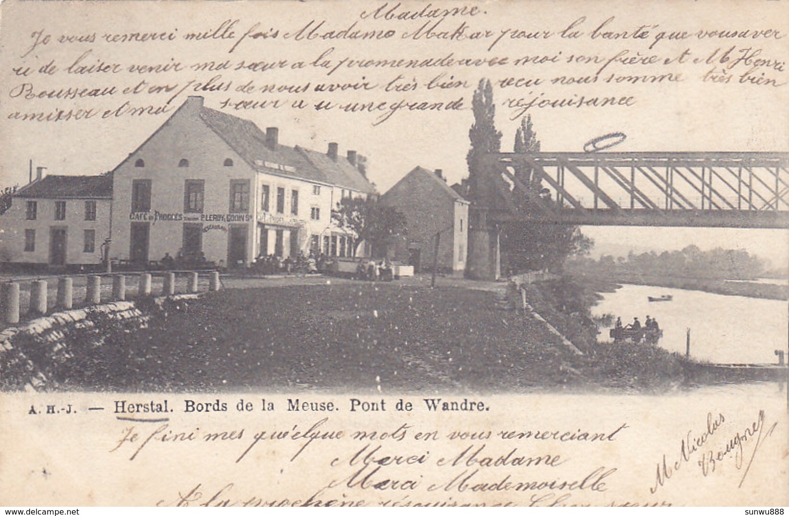 Herstal - Bords De La Meuse. Pont De Wandre (café Du Progrès, Animée, A H J, Précurseur, 1902) - Herstal