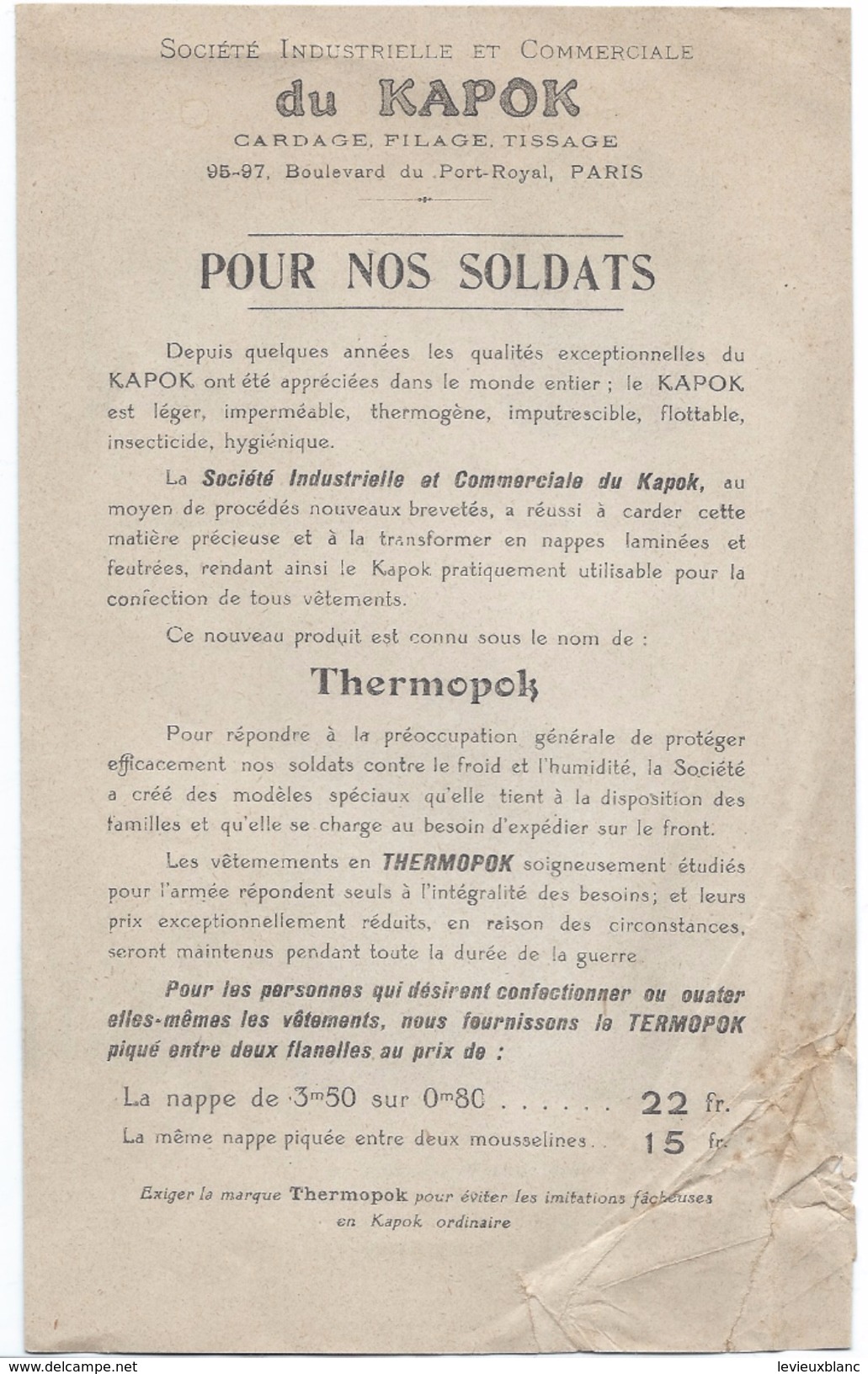 Dépliant Publicitaire à Deux Volets/ Soc. Ind. Et Com. Du KAPOK/Thermopok/Paris/Vers19101920      VPN73 - 1914-18