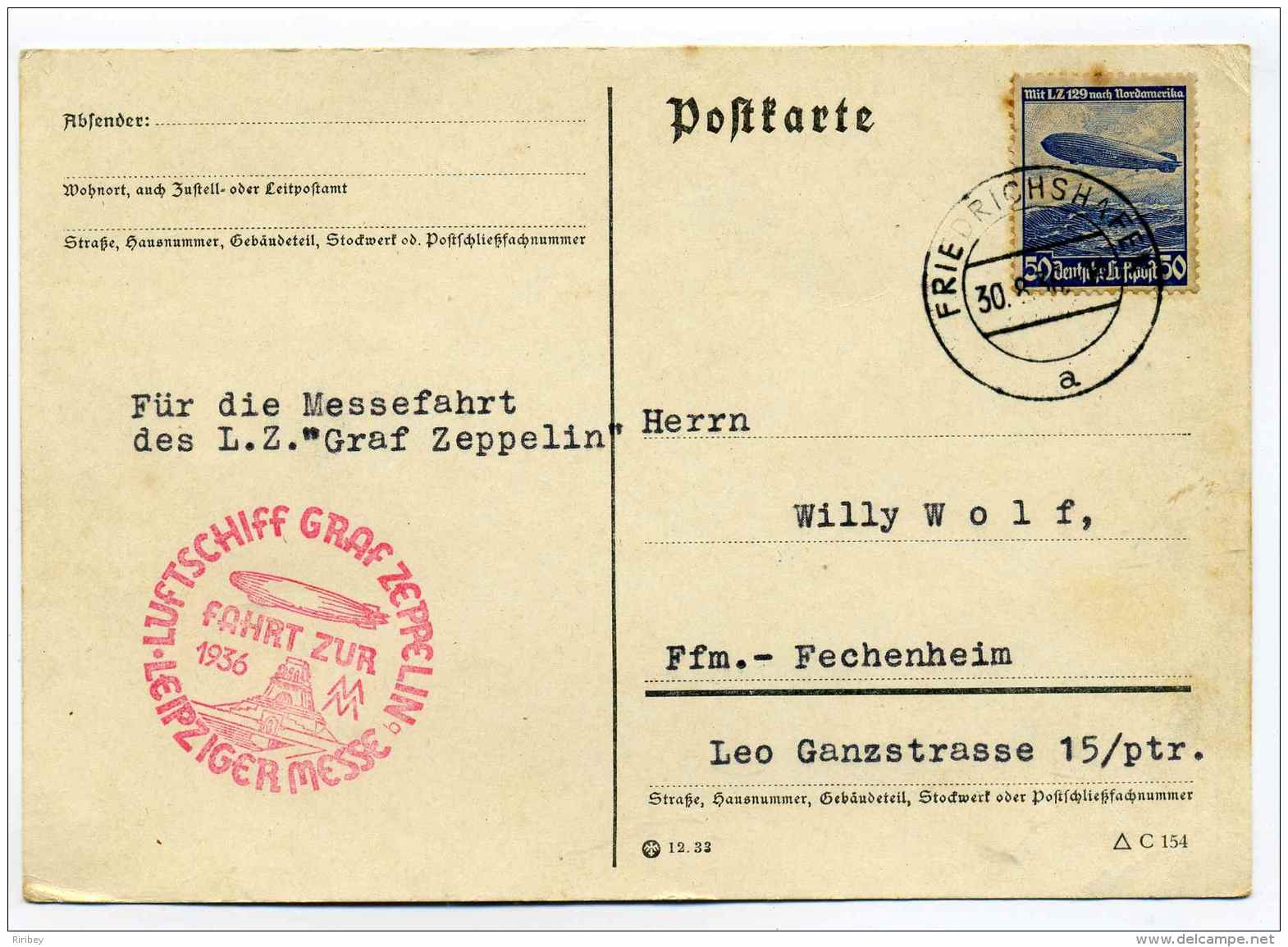 LUFTSCHIFF GRAF ZEPPELIN - LEIPZIGER MESSE - 1936  /  Stamp YT N°55 Dutch Luftpost  - Friedrichshafen - Other (Air)