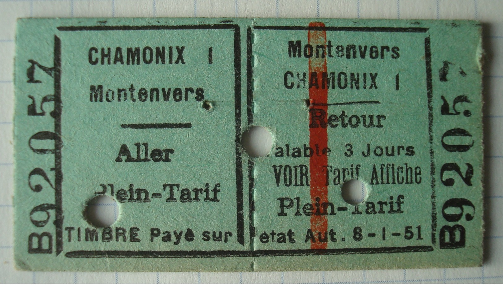 Ticket Chamonix Montenvers 12 Septembre 1959. - Europe