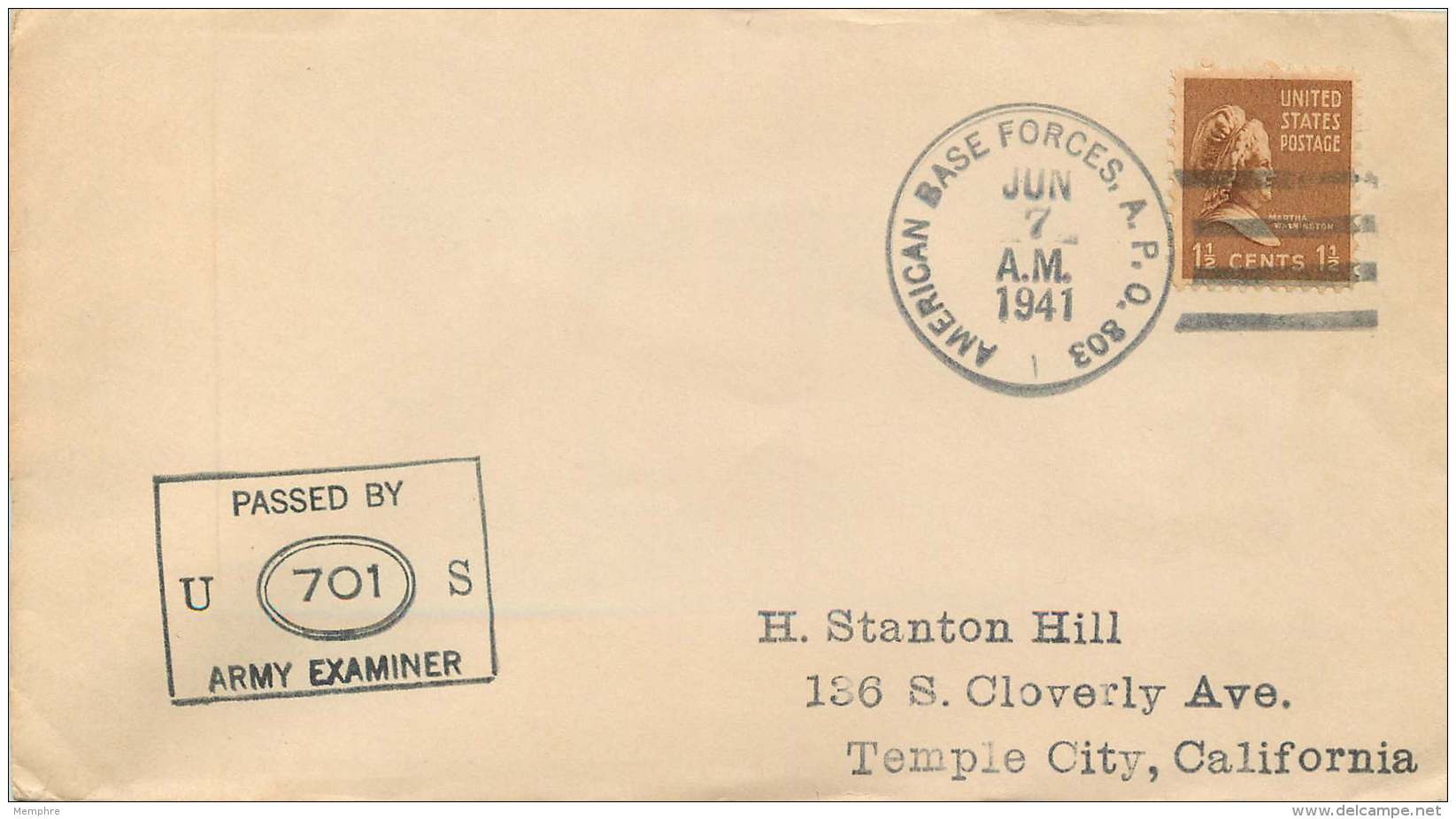 1941 Letter  Prexie 1&frac12;c. Sc 805   From  APO 803 Port Of Spain - Trinidad  US Army Censor - Covers & Documents