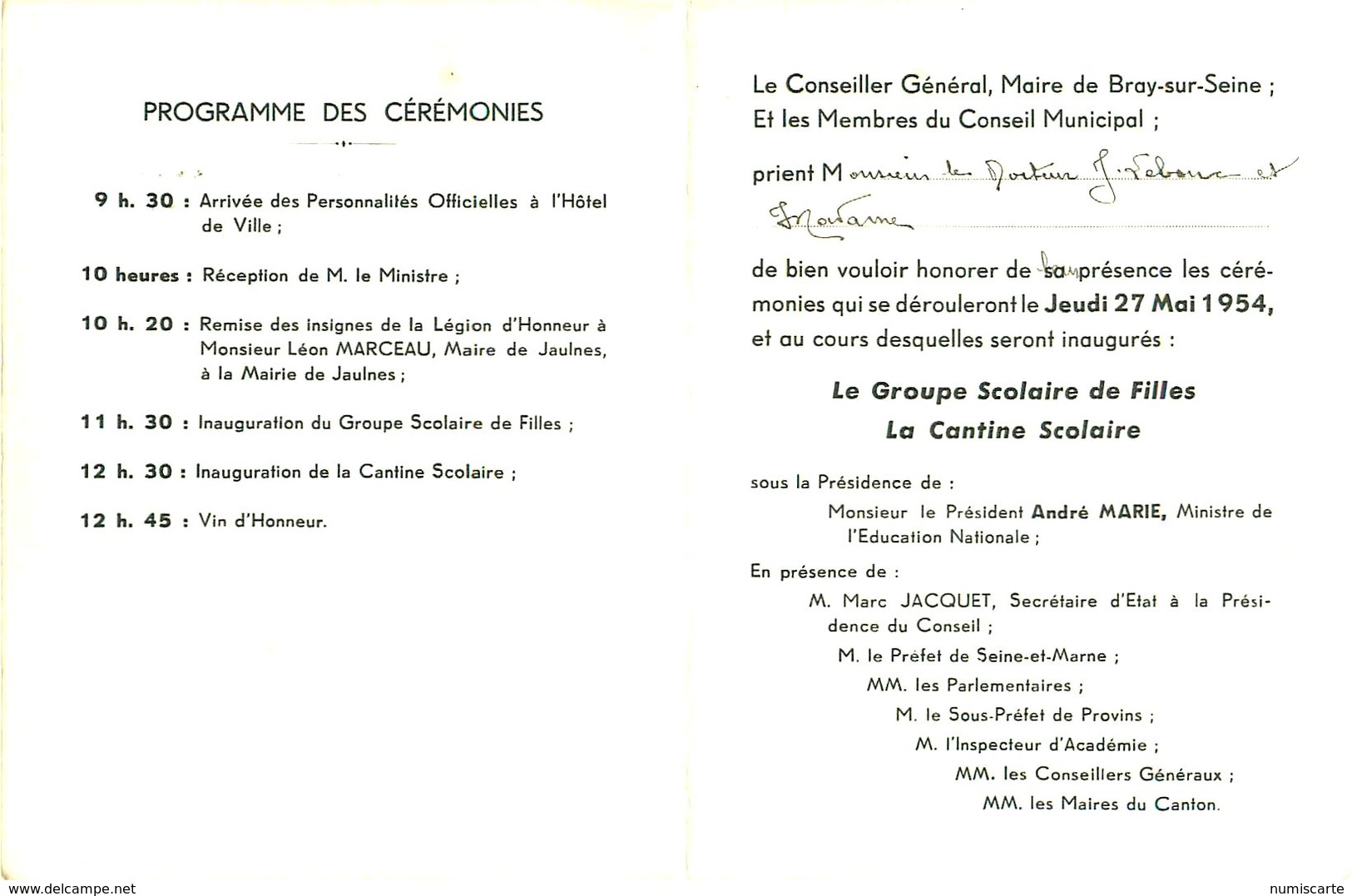 BRAY SUR SEINE 77 Inauguration Du Groupe Scolaire De Filles Et Cantine Scolaire 27 Mai 1954 - Programmes