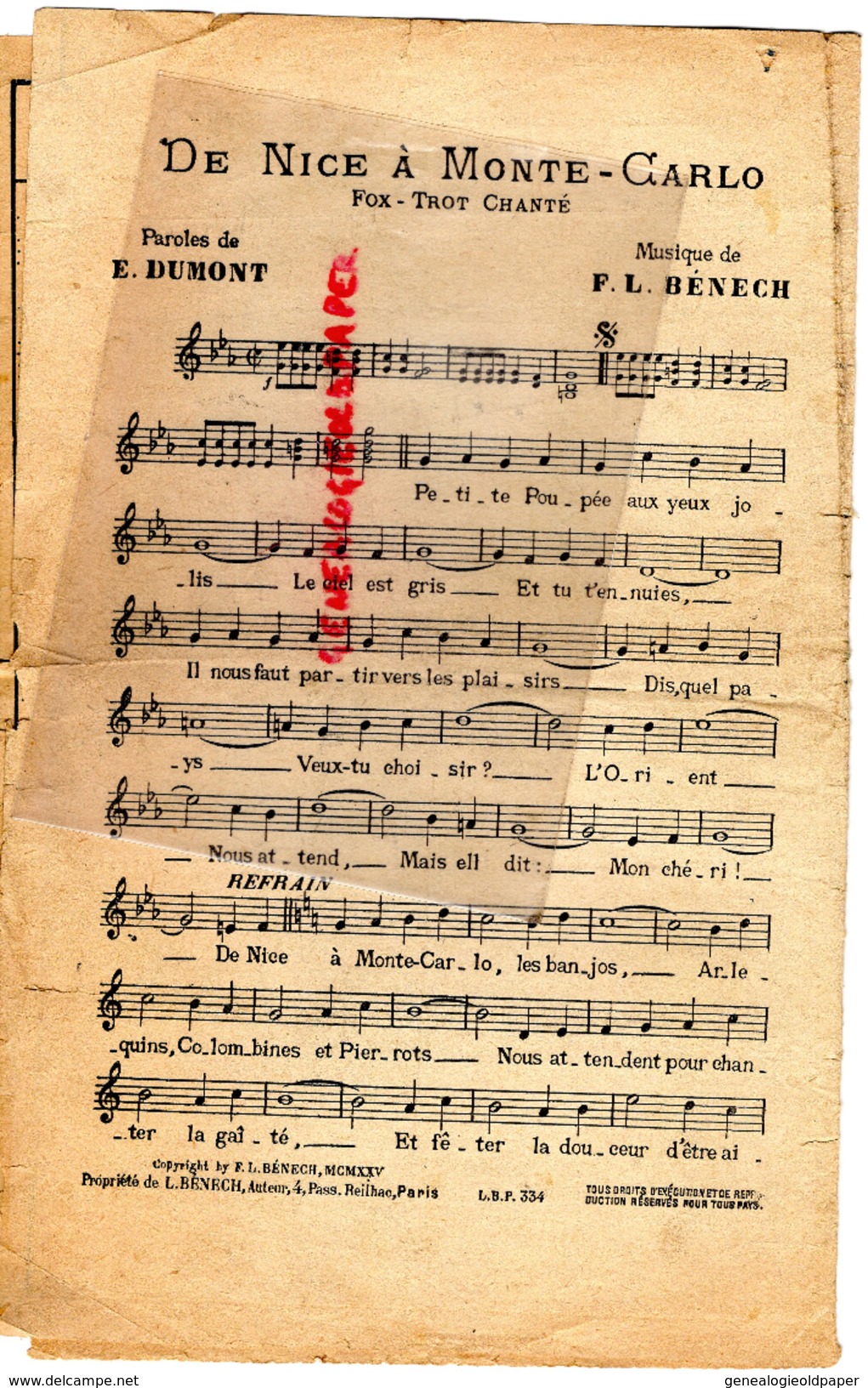 PARTITION MUSICALE-DE NICE A MONTE CARLO- MONACO- FOX TROT- E. DUMONT - MUSIQUE F.L. BENECH-1925-EVENTAIL - Spartiti