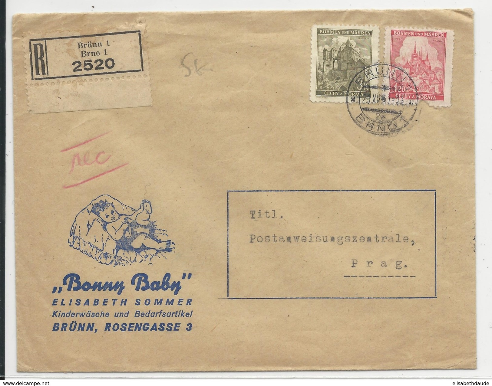 BÖHMEN UND MÄHREN - 1941 - ENVELOPPE PUB DECOREE (BEBE - ENFANCE) RECOMMANDEE De BRNO (BRÜNN)  Pour PRAG - Lettres & Documents