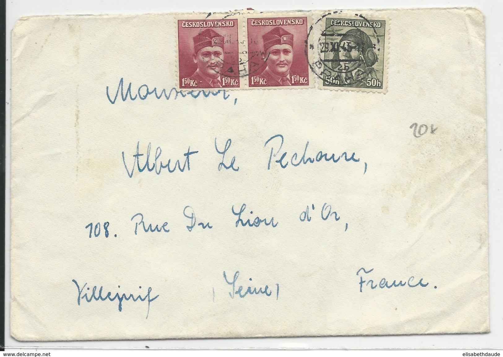 TCHECOSLOVAQUIE - 1945 - ENVELOPPE De PRAG Avec CACHET PROVISOIRE Pour VILLEJUIF (FRANCE) - Cartas & Documentos