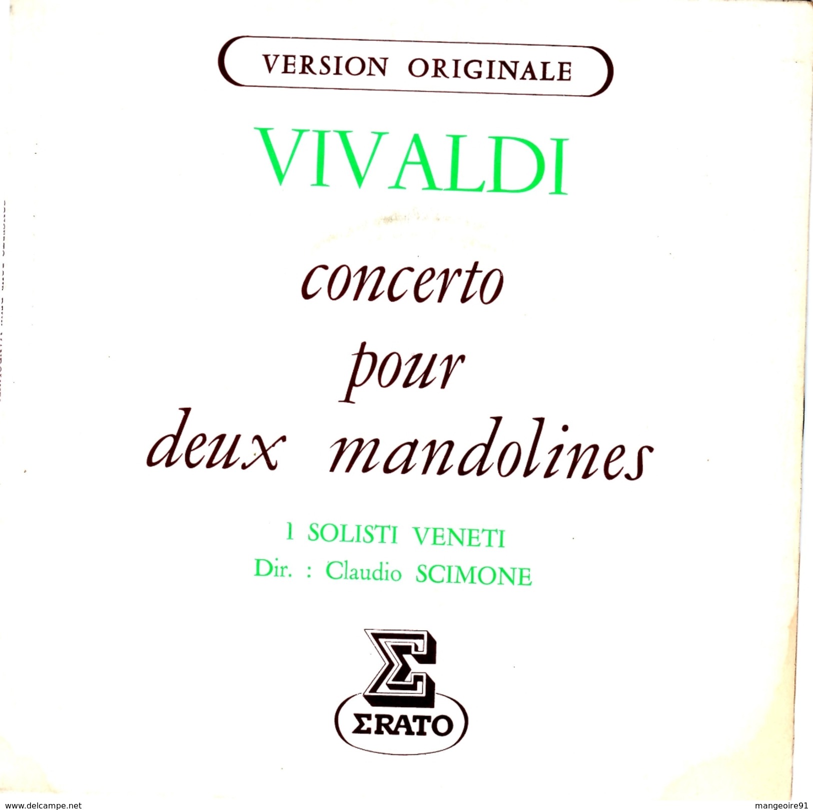 COLLECTION DISQUE 45 T - VIVALDI  Concerto Pour Deux Mandolines (ERATO) Version Originale (AN) - Clásica