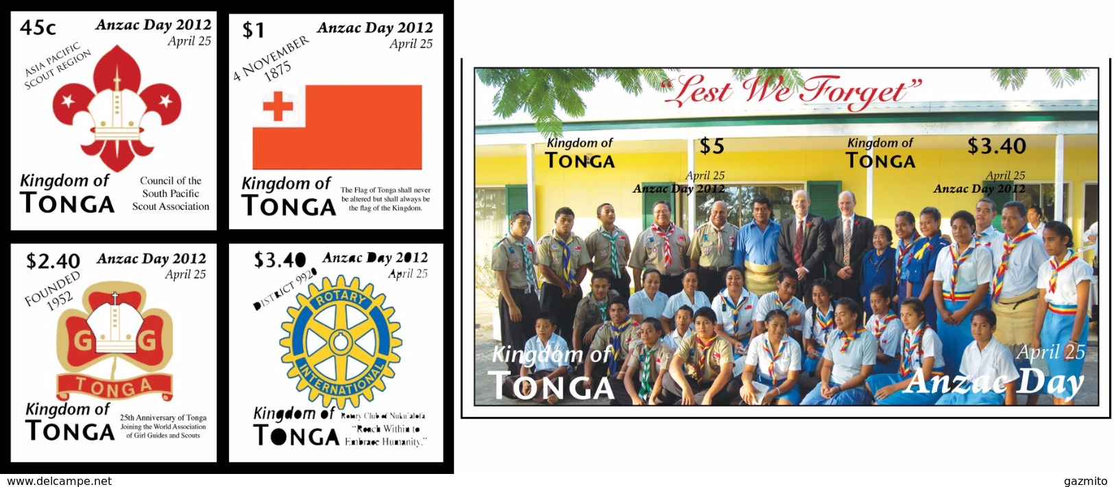 Tonga 2012, Anzac Day, Rotary, Scout, 4val +BF IMPERFORATED - Tonga (1970-...)