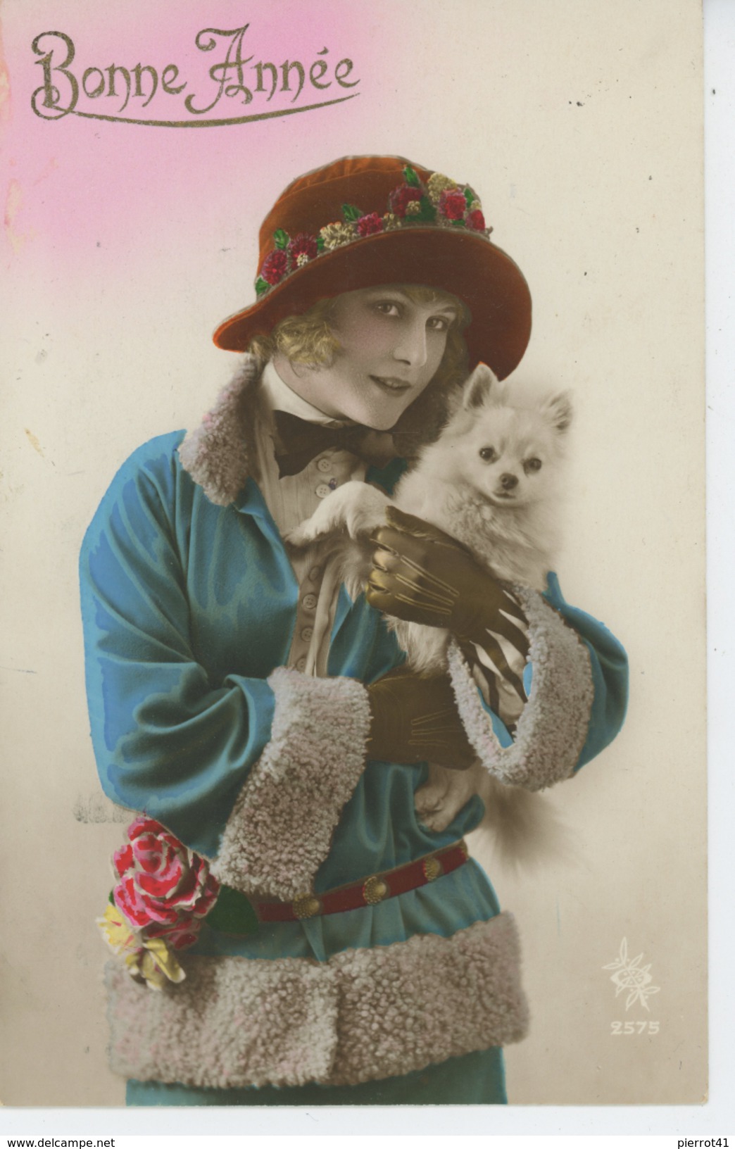 FEMMES - FRAU - LADY - DOG - Jolie Carte Fantaisie Portrait Femme Avec Chien "Bonne Année" - Chiens