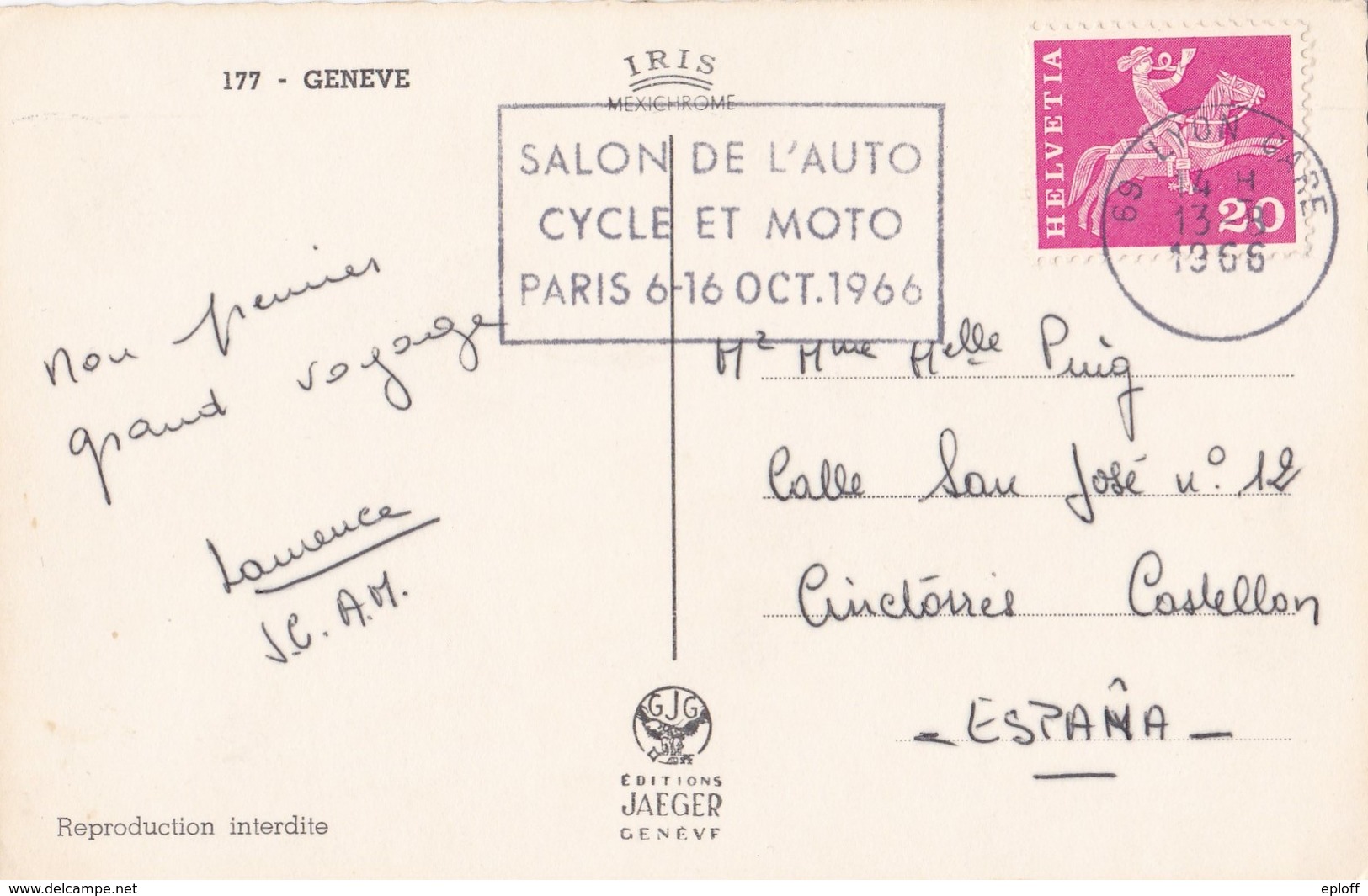 SUISSE 1966       Flamme       Salon De L'Auto Cycle Et Moto    Paris 6-16 Oct.1966     Sur Courrier Monté - Marcophilie