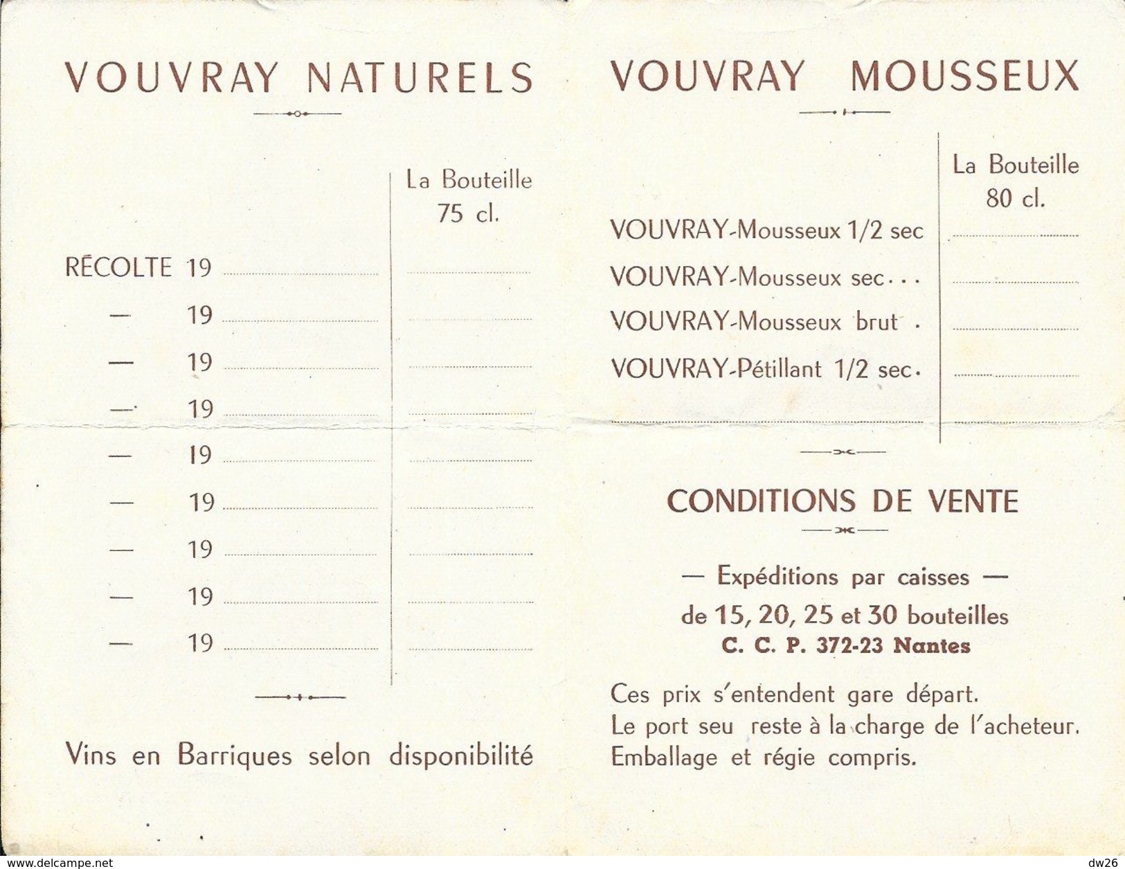 Dépliant Publicitaire Dégustations Vouray Naturel Et Vouvray Mousseux - Marcel Leray Négociant - Other & Unclassified