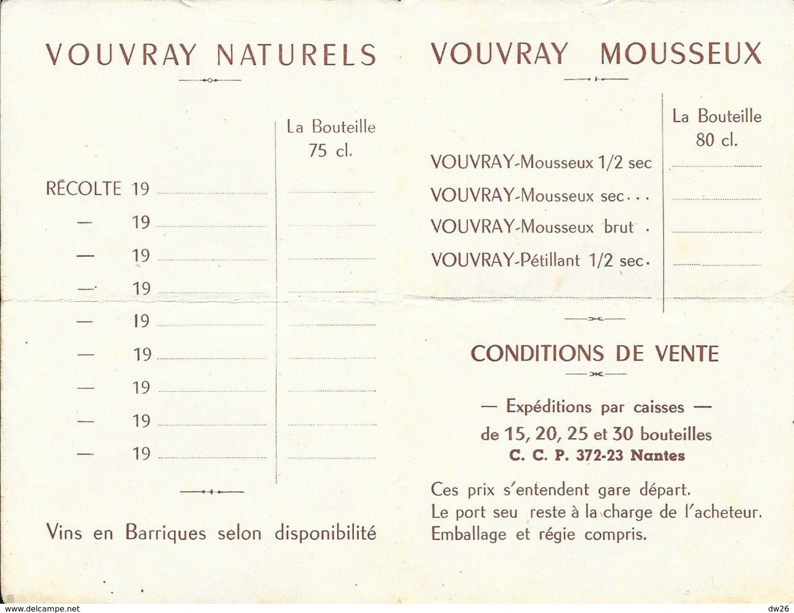 Dépliant Publicitaire Dégustations Vouray Naturel Et Vouvray Mousseux - Marcel Leray Négociant - Sonstige & Ohne Zuordnung