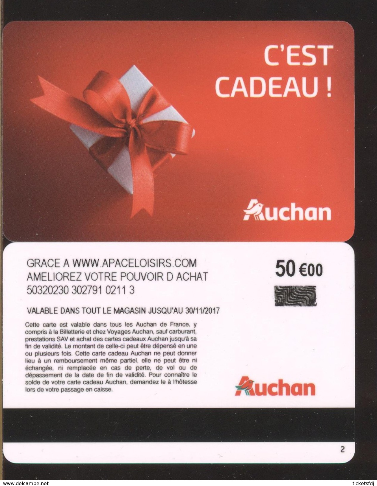 GIFT CARD - Carte Cadeau Auchan - C'EST CADEAU - 50 &euro; - APACELOISIRS - Cartes Cadeaux