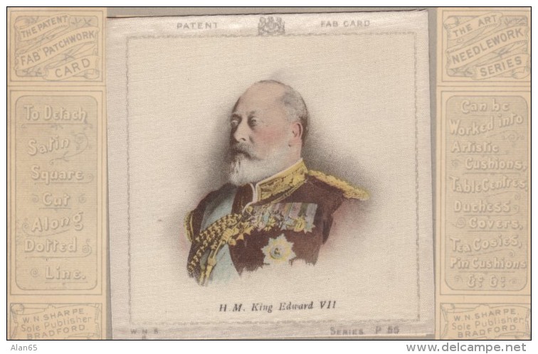 Great Britain King Edward VII 'Fab' Patchwork Card, Silk Attachment, C1900s Vintage Postcard - Familles Royales