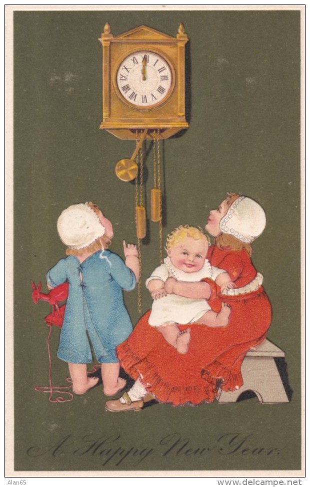 PFB #7954 Happy New Year, Children Clock Strikes Midnight, C1910s Vintage Embossed Postcard - Anno Nuovo