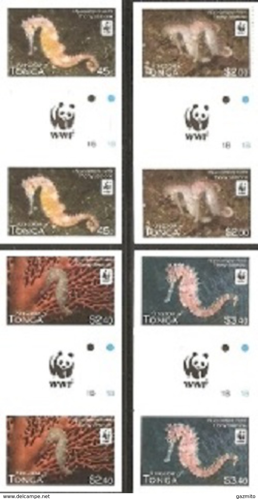 Tonga 2012, WWF Seahorse, 4val IMPERFORATED Gutter Pair With WWF Logo - Unused Stamps