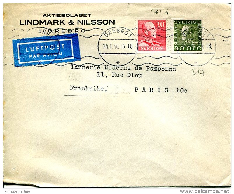 Enveloppe Lindmark &amp; Nilsson à Destination De Paris - Oblitération Orebro Du 24-1-1940 - Altri & Non Classificati