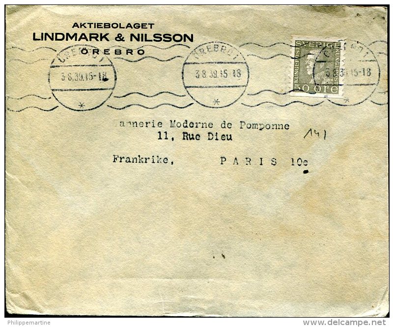 Enveloppe Lindmark &amp; Nilsson à Destination De Paris - Oblitération Orebro Du 3-8-1939 - Altri & Non Classificati