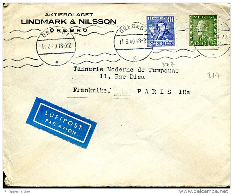 Enveloppe Lindmark &amp; Nilsson à Destination De Paris - Oblitération Orebro Du 11-3-1940 - Autres & Non Classés