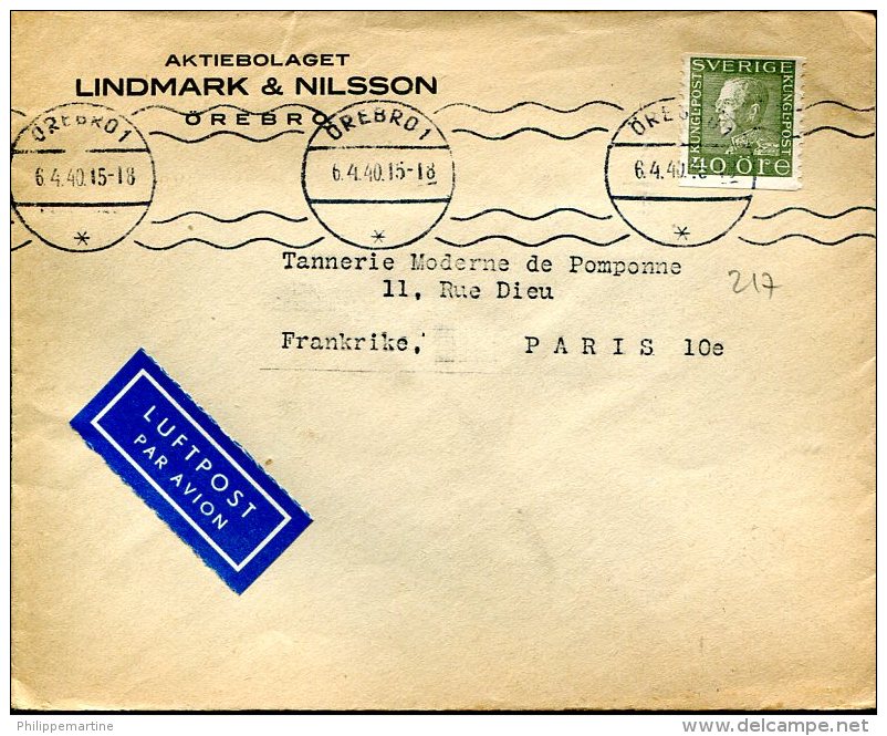 Enveloppe Lindmark &amp; Nilsson à Destination De Paris - Oblitération Orebro Du 6-4-1940 - Andere & Zonder Classificatie