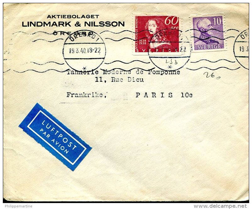 Enveloppe Lindmark &amp; Nilsson à Destination De Paris - Oblitération Orebro Du 19-3-1940 - Autres & Non Classés