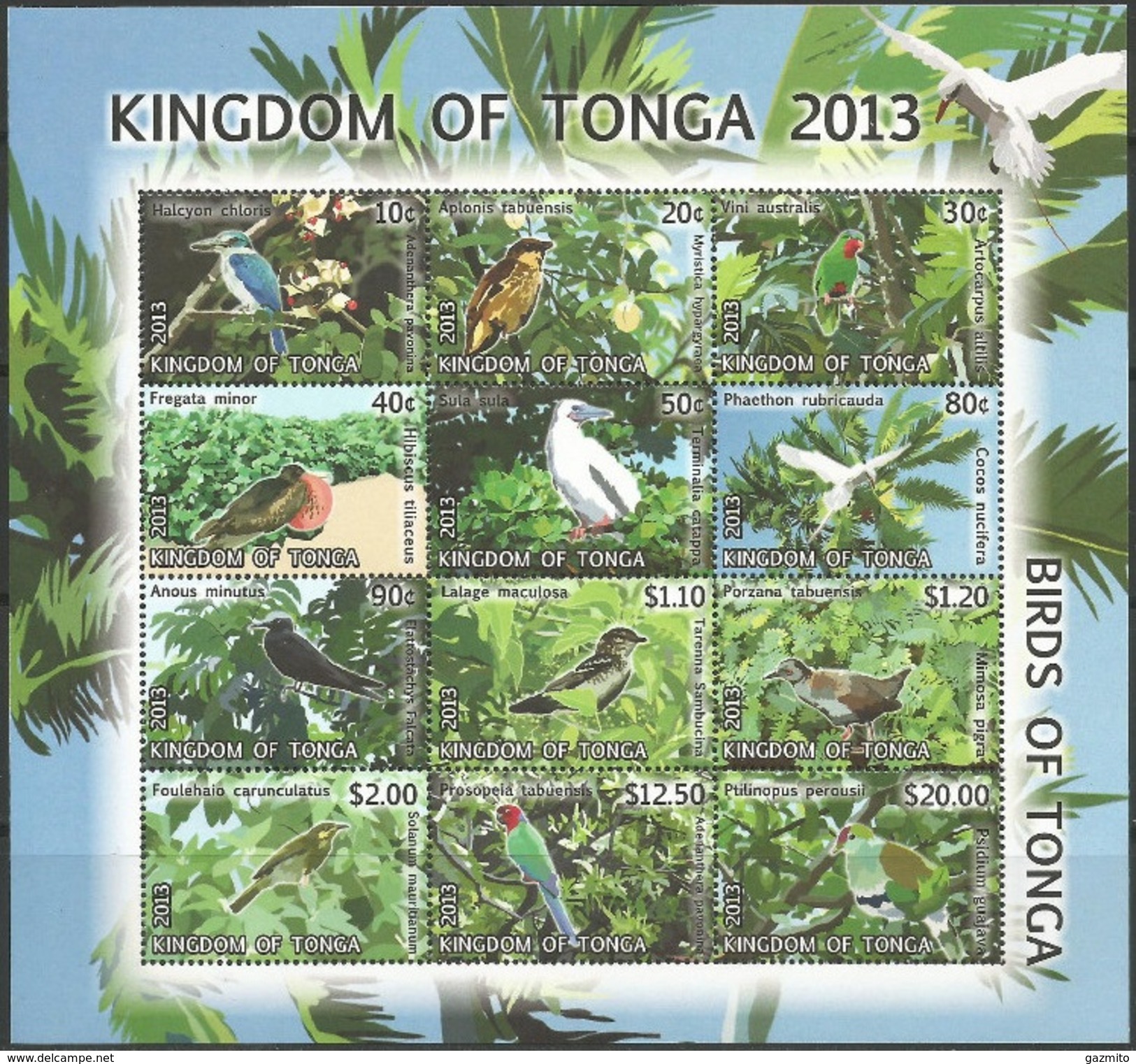 Tonga 2013,  Birds Of Tonga, Parrots, Kingfisher, Hibiscus, 12val In BF - Tonga (1970-...)