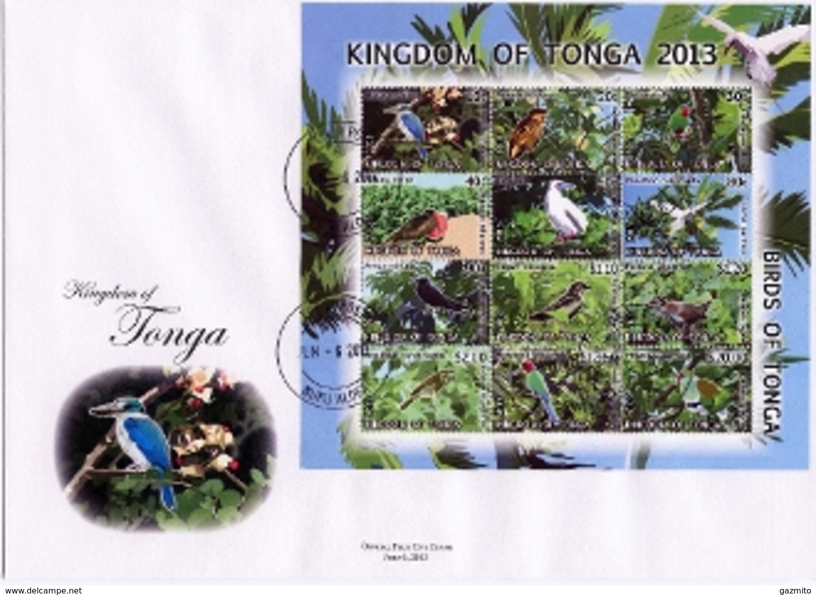 Tonga 2013,  Birds Of Tonga, Parrots, Kingfisher, Hibiscus, 12val In BF In FDC - Tonga (1970-...)