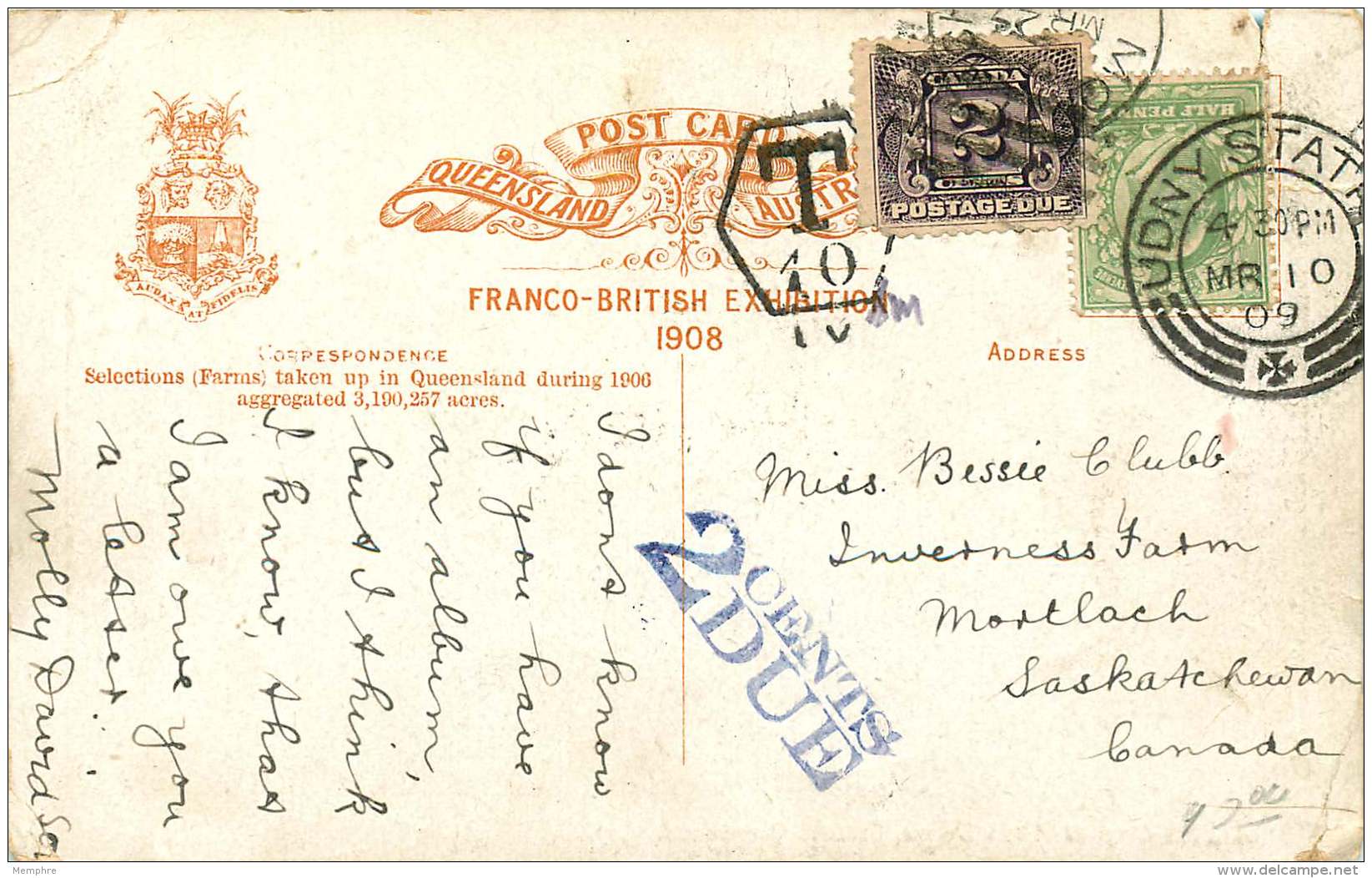 1909   2 Cent  Sc J2 On Postcard From UK    Corner Faults - Port Dû (Taxe)