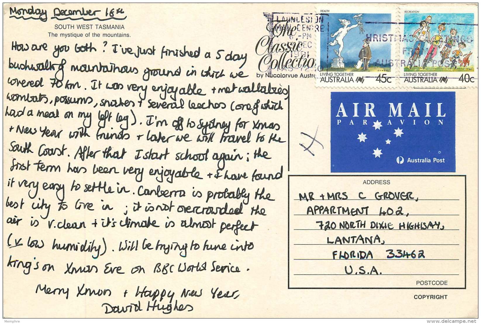 1991  Oversize  Airmail Postcard To USA  Living Together 40 &amp;45 Cents - Lettres & Documents