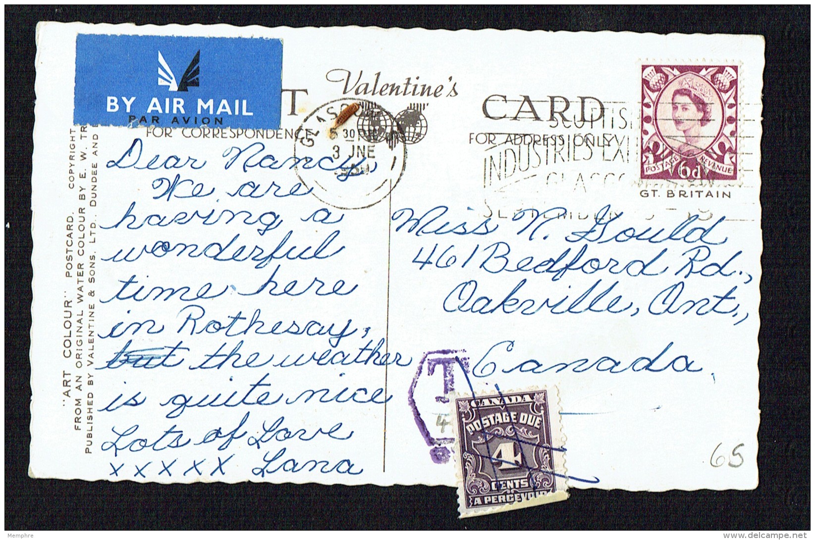 1959?  Canada 4 Cent Postage Due Sc J17 On Postcard From UK - Strafport