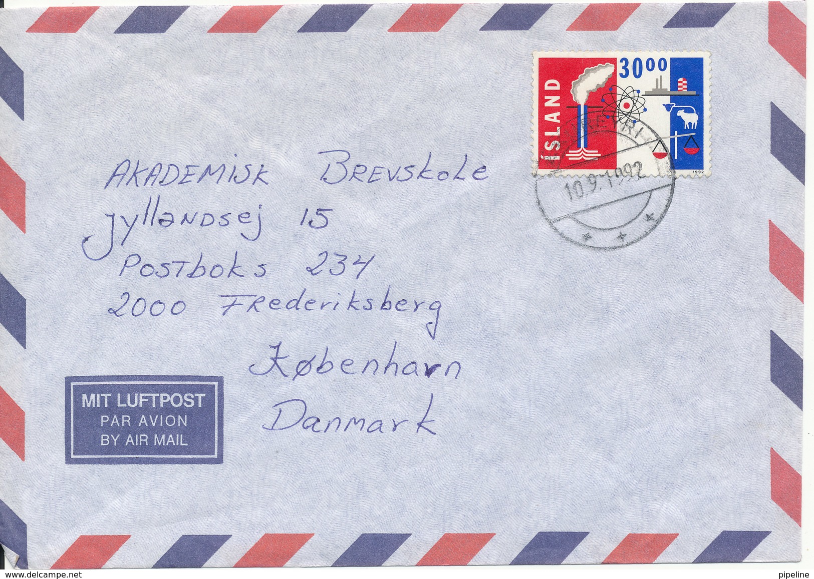 Iceland Air Mail Cover Sent To Denmark 10-9-1992 Single Franked - Luchtpost
