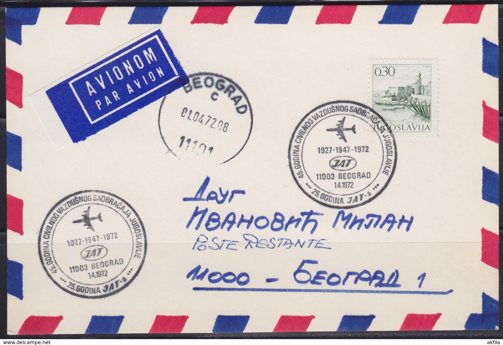 Yugoslavia 1972 Yugoslav Airlines (JAT) - 25th Anniversary, Official Bigger Postmark, Airmail Card - Posta Aerea