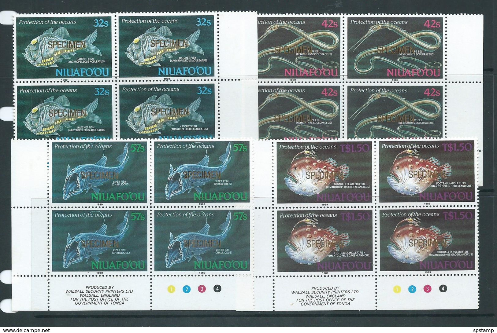 Tonga Niuafo´ou 1989 Fish Ocean Protection Set Of 4 MNH Blocks Of 4  Specimen Overprints , Some Faults - Tonga (1970-...)