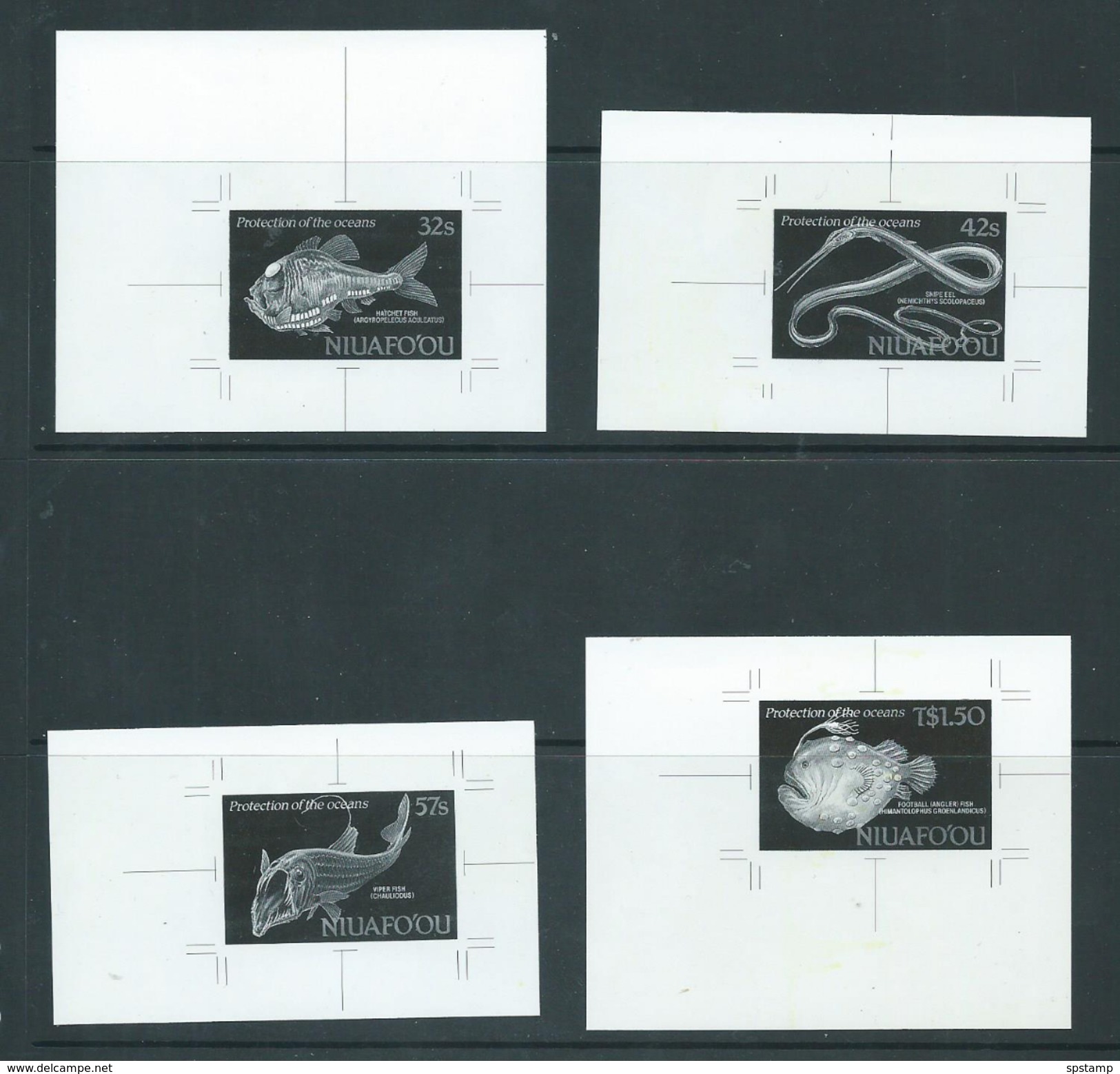 Tonga Niuafo´ou 1989 Fish Ocean Protection Set Of 4 Black & White Proofs - Tonga (1970-...)