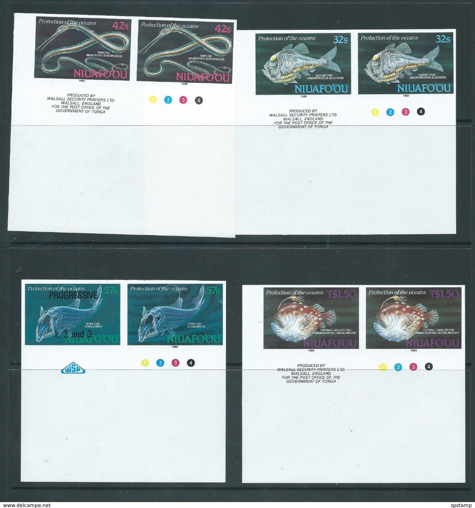 Tonga Niuafo´ou 1989 Fish Ocean Protection Set Of 4 Imperforate Plate Proofs In Imprint Pairs Or With Label MNH - Tonga (1970-...)